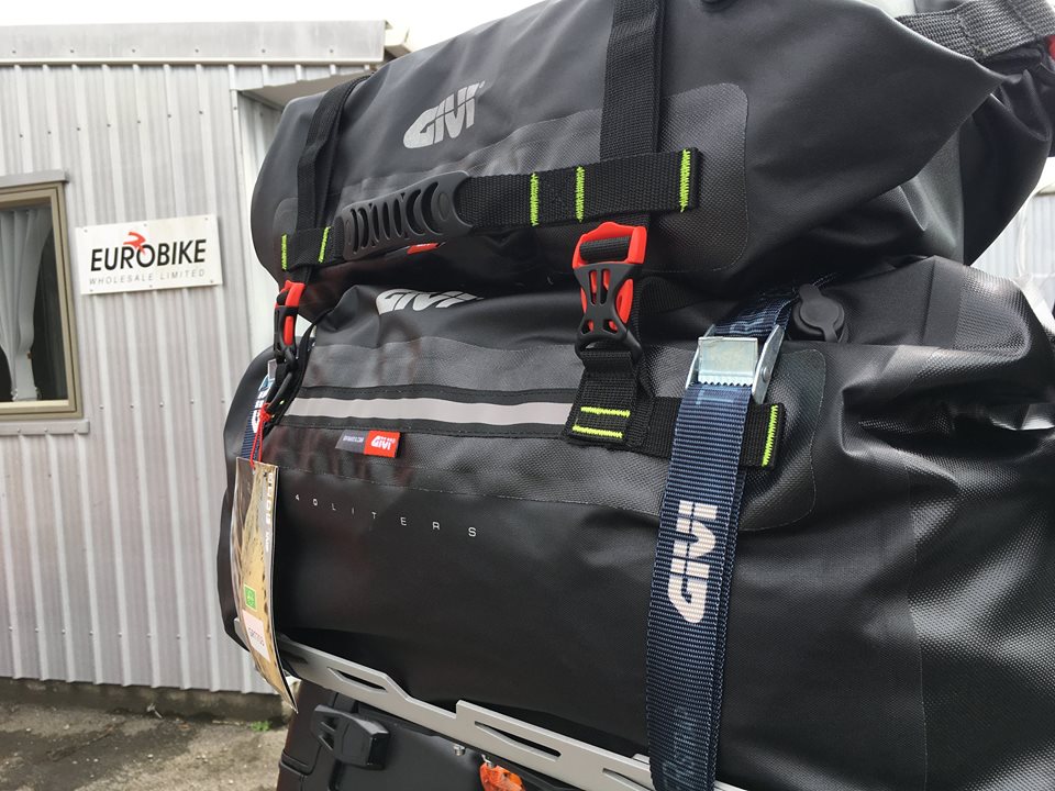 The GRT703 and GRT702 waterproof bags, strapped up as intended by Givi.